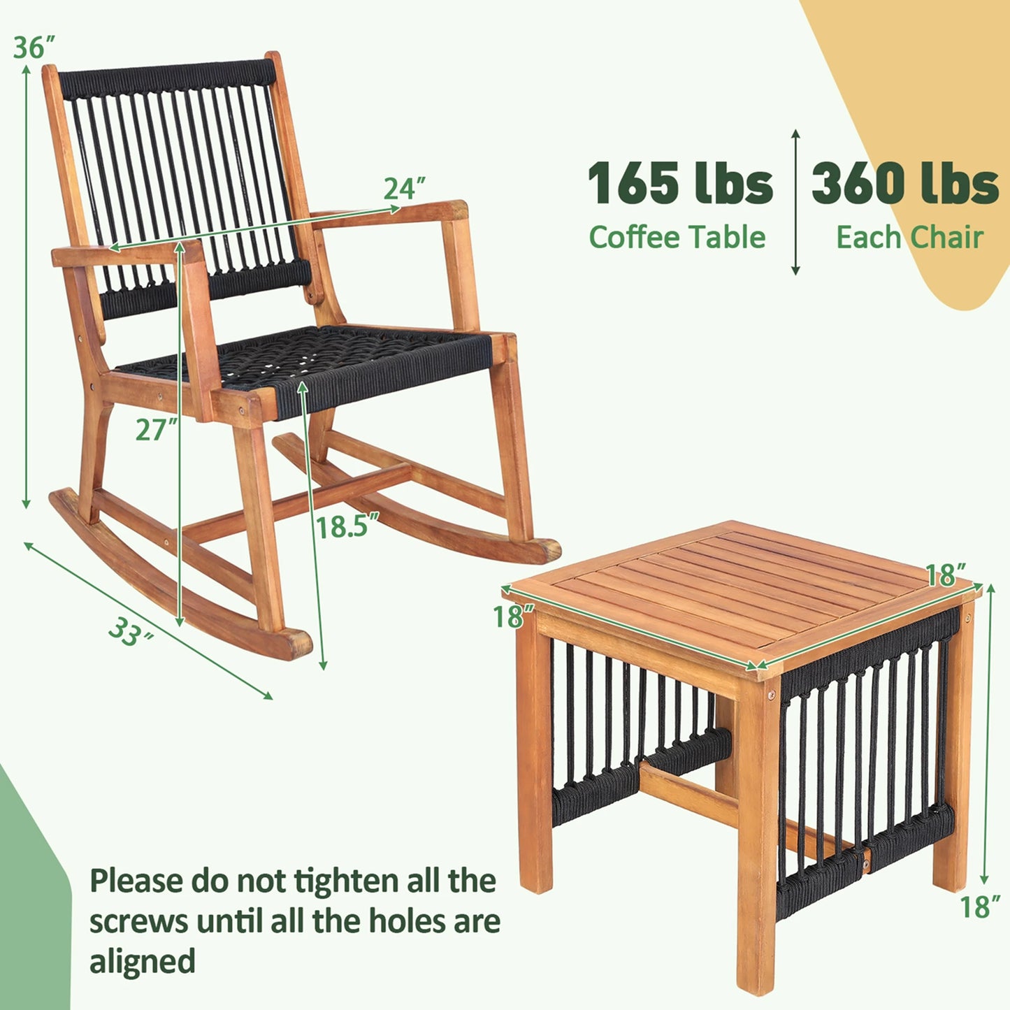 3pcs Acacia Wood Rocking Chair Patio Set