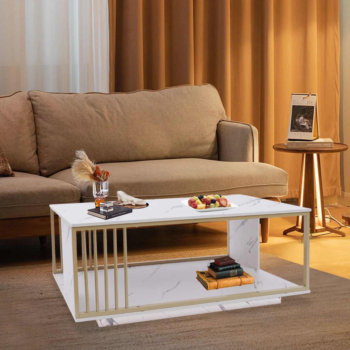 Modern 2-Tier White & Gold Coffee Table